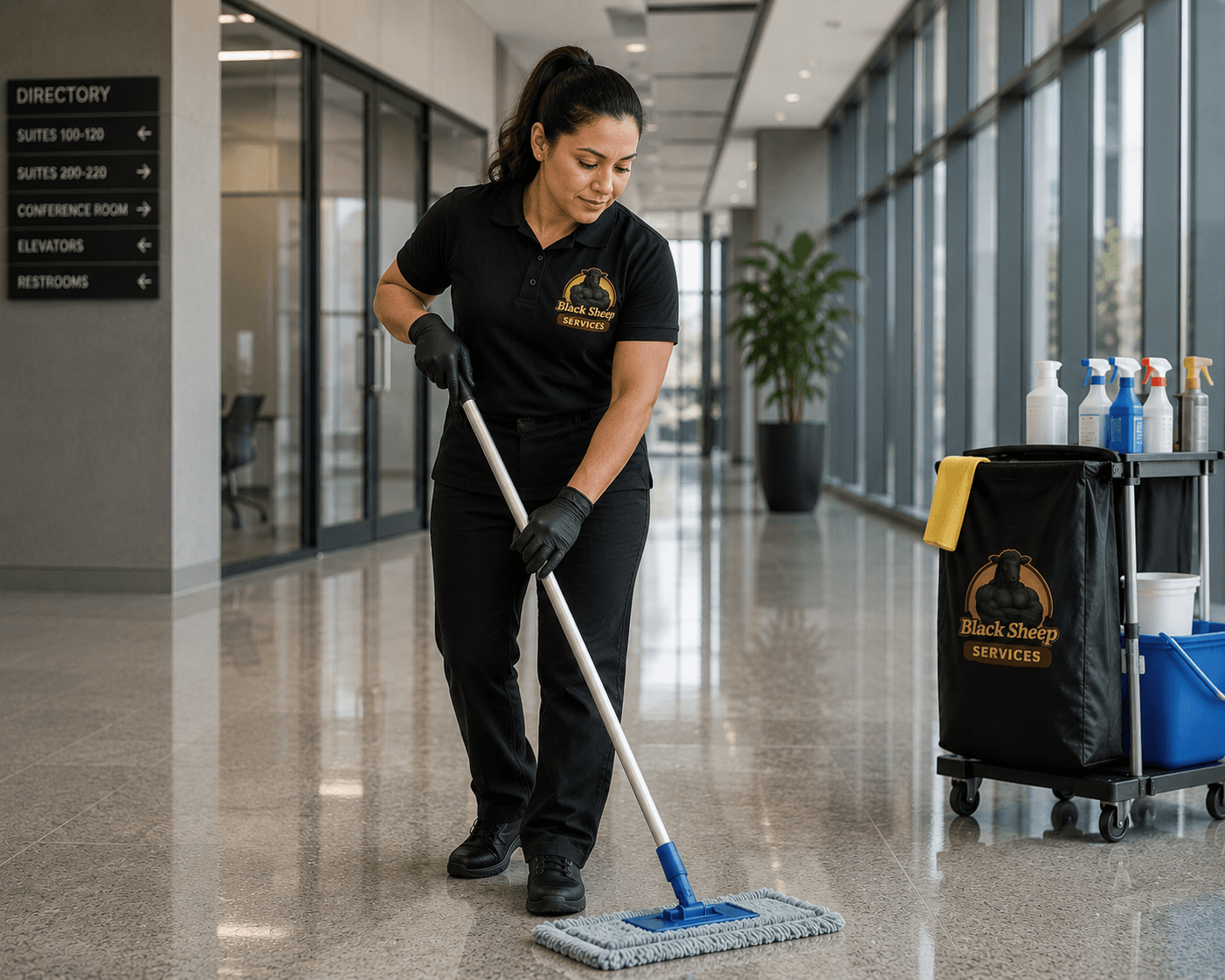 A Black Sheep Services team member cleaning an office hallway